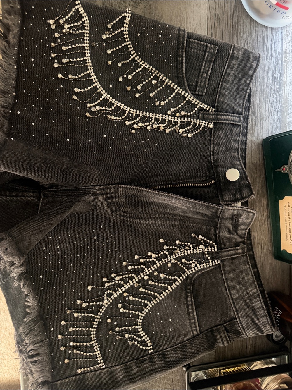 12th Tribe Black Distressed Denim Shorts with Rhinestone Fringe